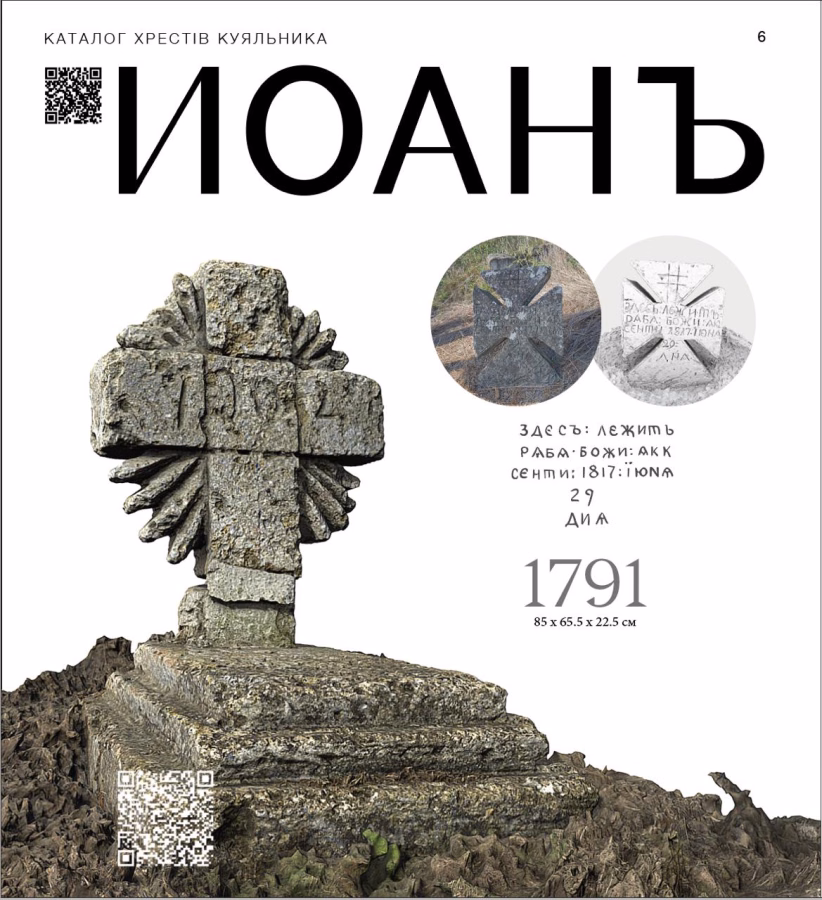 Розворот каталогу хрестів Куяльника: хрест 1791 року з написом і QR-кодами